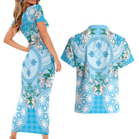 Hawaii Cyan Palaka Couples Matching Short Sleeve Bodycon Dress and Hawaiian Shirt With Tapa Pattern Tropical Flowers LT05 - Polynesian Pride