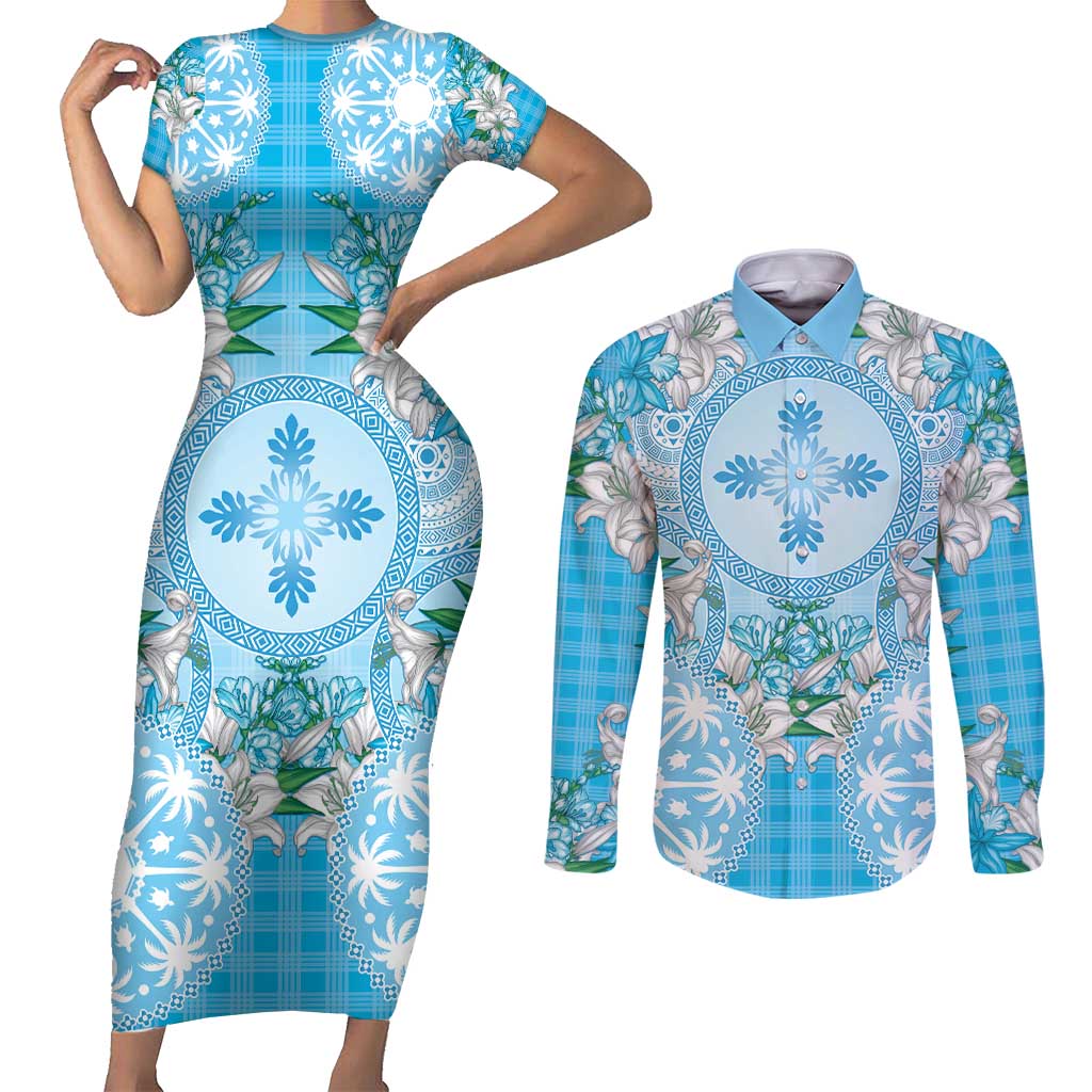 Hawaii Cyan Palaka Couples Matching Short Sleeve Bodycon Dress and Long Sleeve Button Shirt With Tapa Pattern Tropical Flowers LT05 Cyan - Polynesian Pride