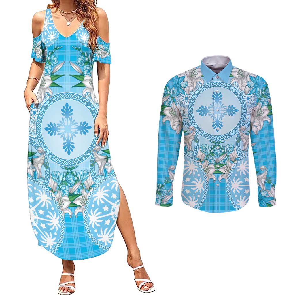 Hawaii Cyan Palaka Couples Matching Summer Maxi Dress and Long Sleeve Button Shirt With Tapa Pattern Tropical Flowers LT05 Cyan - Polynesian Pride