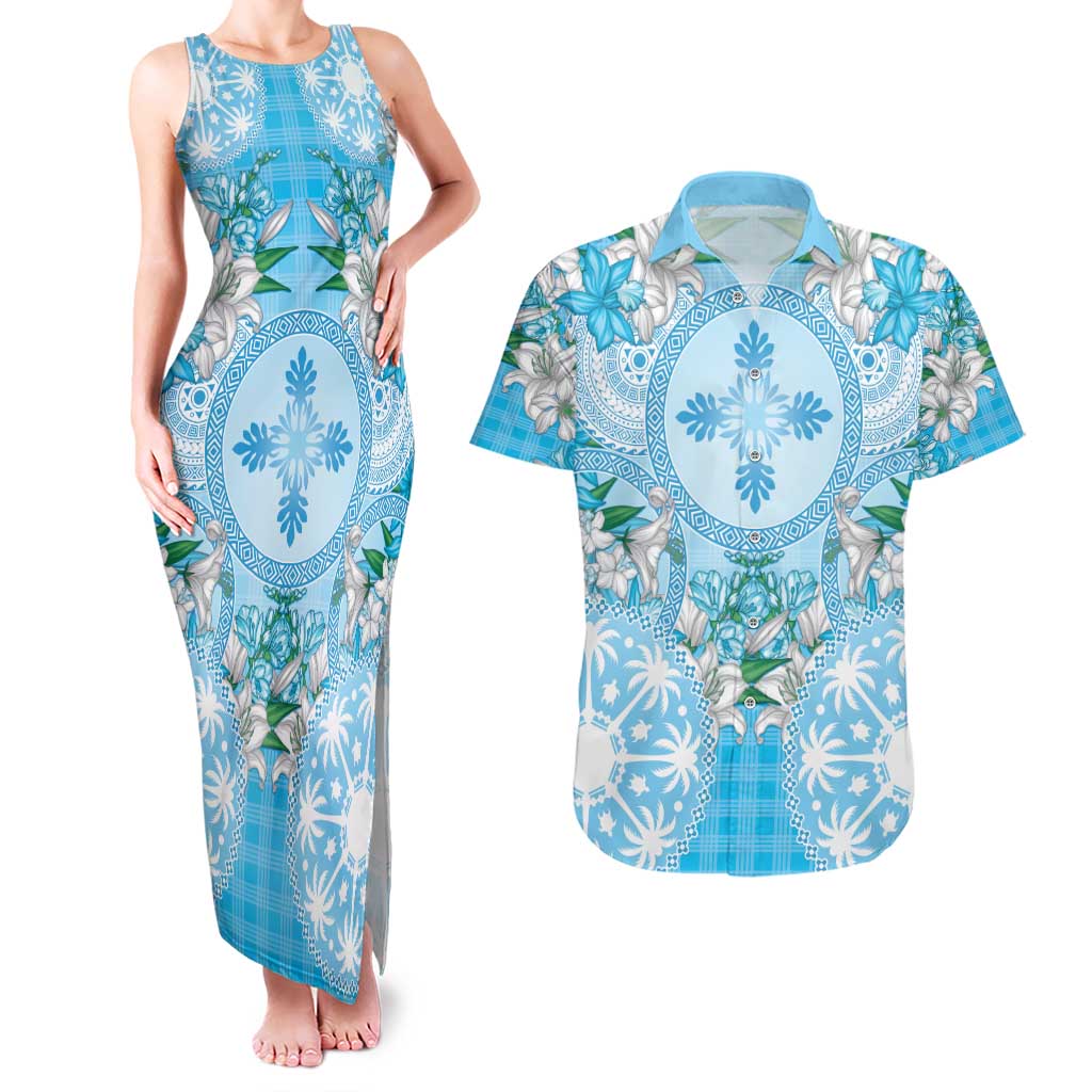 Hawaii Cyan Palaka Couples Matching Tank Maxi Dress and Hawaiian Shirt With Tapa Pattern Tropical Flowers LT05 Cyan - Polynesian Pride