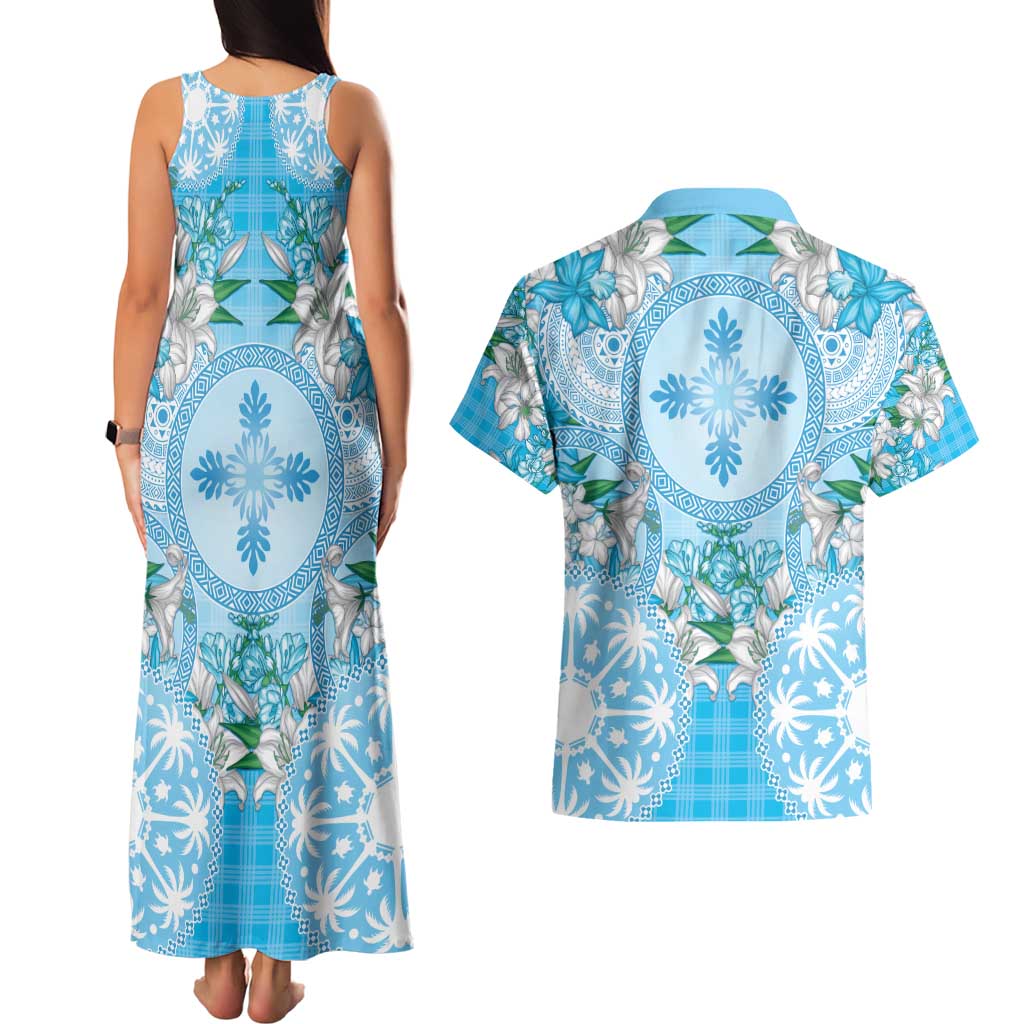Hawaii Cyan Palaka Couples Matching Tank Maxi Dress and Hawaiian Shirt With Tapa Pattern Tropical Flowers LT05 - Polynesian Pride