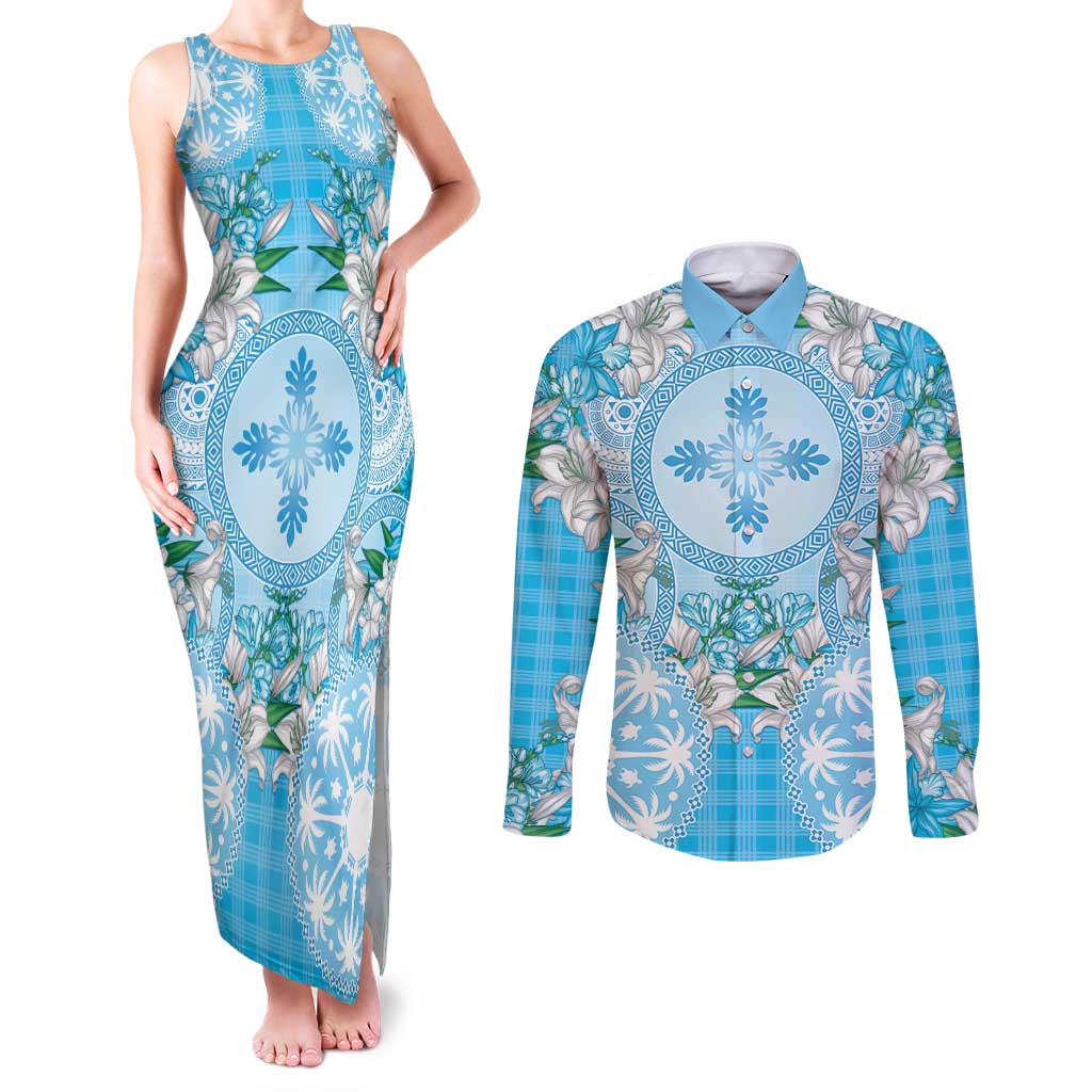 Hawaii Cyan Palaka Couples Matching Tank Maxi Dress and Long Sleeve Button Shirt With Tapa Pattern Tropical Flowers LT05 Cyan - Polynesian Pride