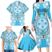 Hawaii Cyan Palaka Family Matching Long Sleeve Bodycon Dress and Hawaiian Shirt With Tapa Pattern Tropical Flowers LT05 - Polynesian Pride