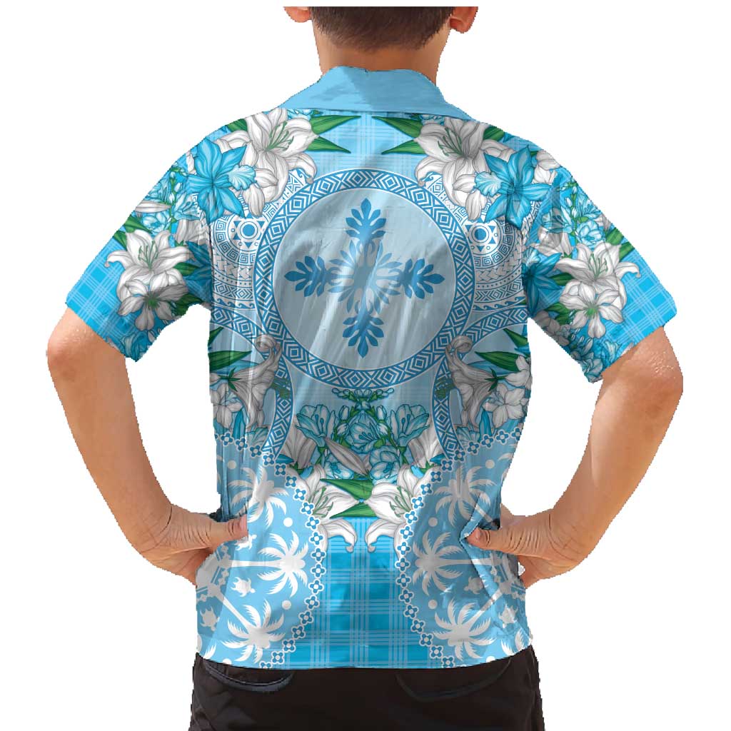 Hawaii Cyan Palaka Family Matching Mermaid Dress and Hawaiian Shirt With Tapa Pattern Tropical Flowers LT05 - Polynesian Pride