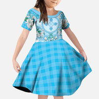 Hawaii Cyan Palaka Family Matching Mermaid Dress and Hawaiian Shirt With Tapa Pattern Tropical Flowers LT05 Daughter's Dress Cyan - Polynesian Pride