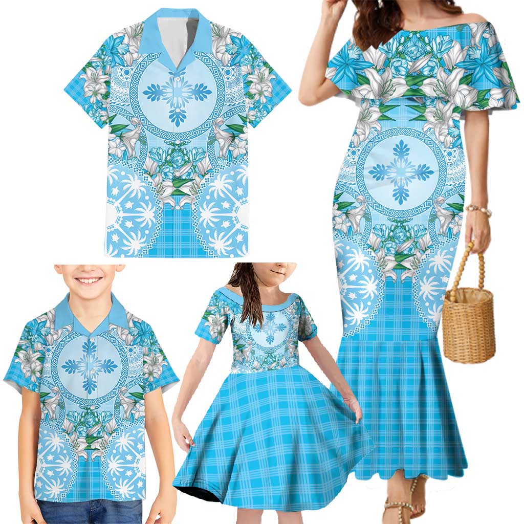 Hawaii Cyan Palaka Family Matching Mermaid Dress and Hawaiian Shirt With Tapa Pattern Tropical Flowers LT05 - Polynesian Pride