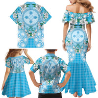 Hawaii Cyan Palaka Family Matching Mermaid Dress and Hawaiian Shirt With Tapa Pattern Tropical Flowers LT05 - Polynesian Pride