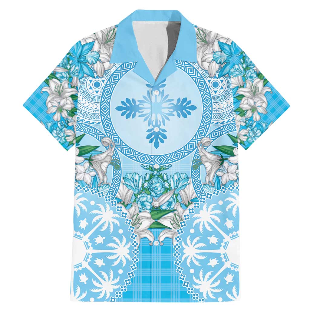 Hawaii Cyan Palaka Family Matching Mermaid Dress and Hawaiian Shirt With Tapa Pattern Tropical Flowers LT05 Dad's Shirt - Short Sleeve Cyan - Polynesian Pride
