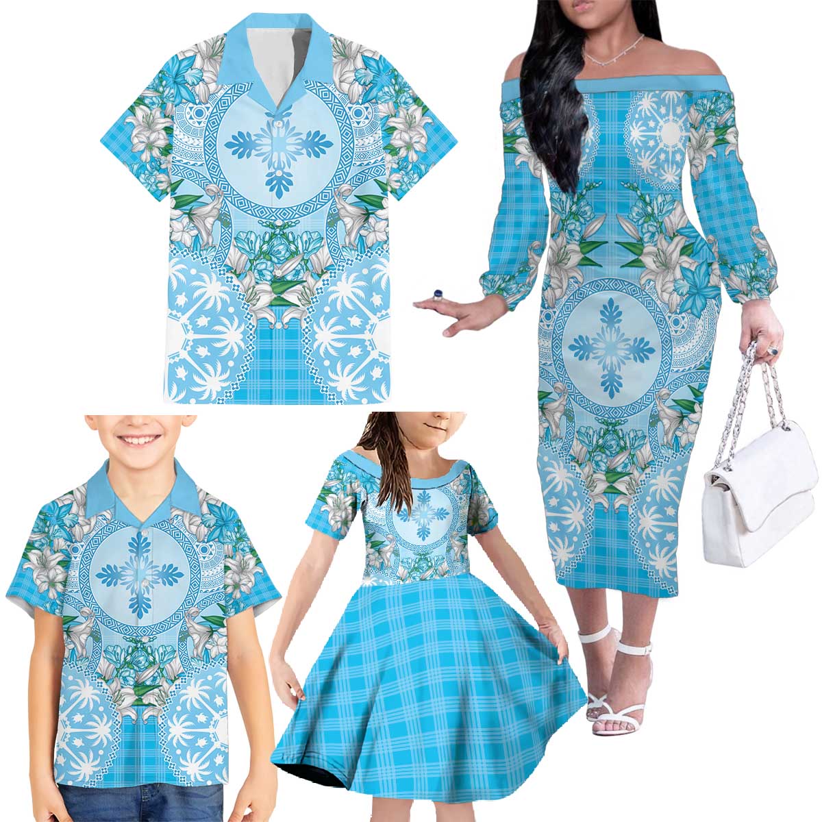 Hawaii Cyan Palaka Family Matching Off The Shoulder Long Sleeve Dress and Hawaiian Shirt With Tapa Pattern Tropical Flowers LT05 - Polynesian Pride
