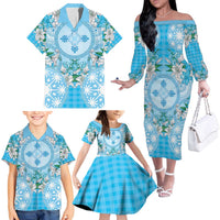 Hawaii Cyan Palaka Family Matching Off The Shoulder Long Sleeve Dress and Hawaiian Shirt With Tapa Pattern Tropical Flowers LT05 - Polynesian Pride