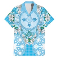Hawaii Cyan Palaka Family Matching Off The Shoulder Long Sleeve Dress and Hawaiian Shirt With Tapa Pattern Tropical Flowers LT05 Dad's Shirt - Short Sleeve Cyan - Polynesian Pride