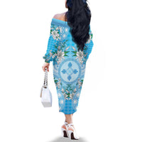 Hawaii Cyan Palaka Family Matching Off The Shoulder Long Sleeve Dress and Hawaiian Shirt With Tapa Pattern Tropical Flowers LT05 - Polynesian Pride