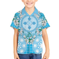 Hawaii Cyan Palaka Family Matching Off The Shoulder Long Sleeve Dress and Hawaiian Shirt With Tapa Pattern Tropical Flowers LT05 Son's Shirt Cyan - Polynesian Pride