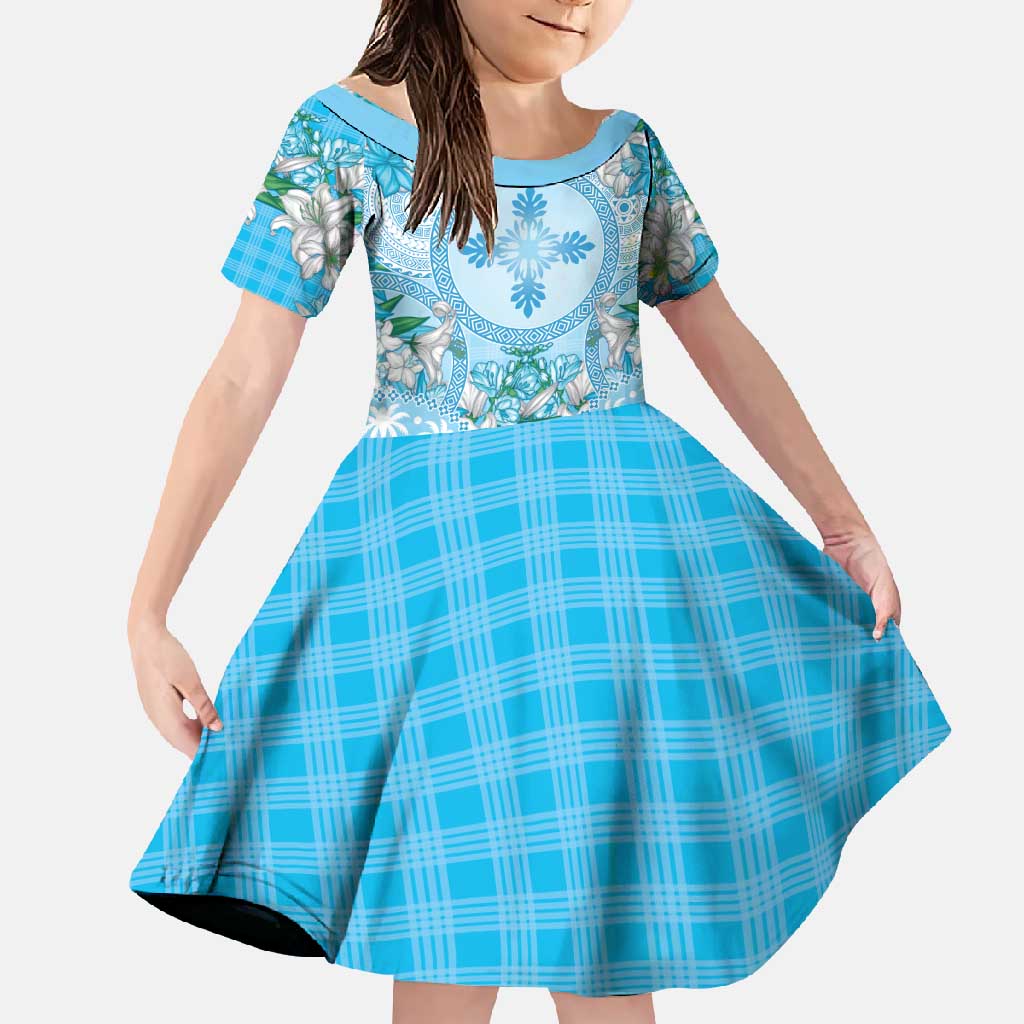 Hawaii Cyan Palaka Family Matching Off Shoulder Maxi Dress and Hawaiian Shirt With Tapa Pattern Tropical Flowers LT05 Daughter's Dress Cyan - Polynesian Pride