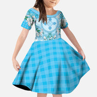 Hawaii Cyan Palaka Family Matching Off Shoulder Maxi Dress and Hawaiian Shirt With Tapa Pattern Tropical Flowers LT05 Daughter's Dress Cyan - Polynesian Pride
