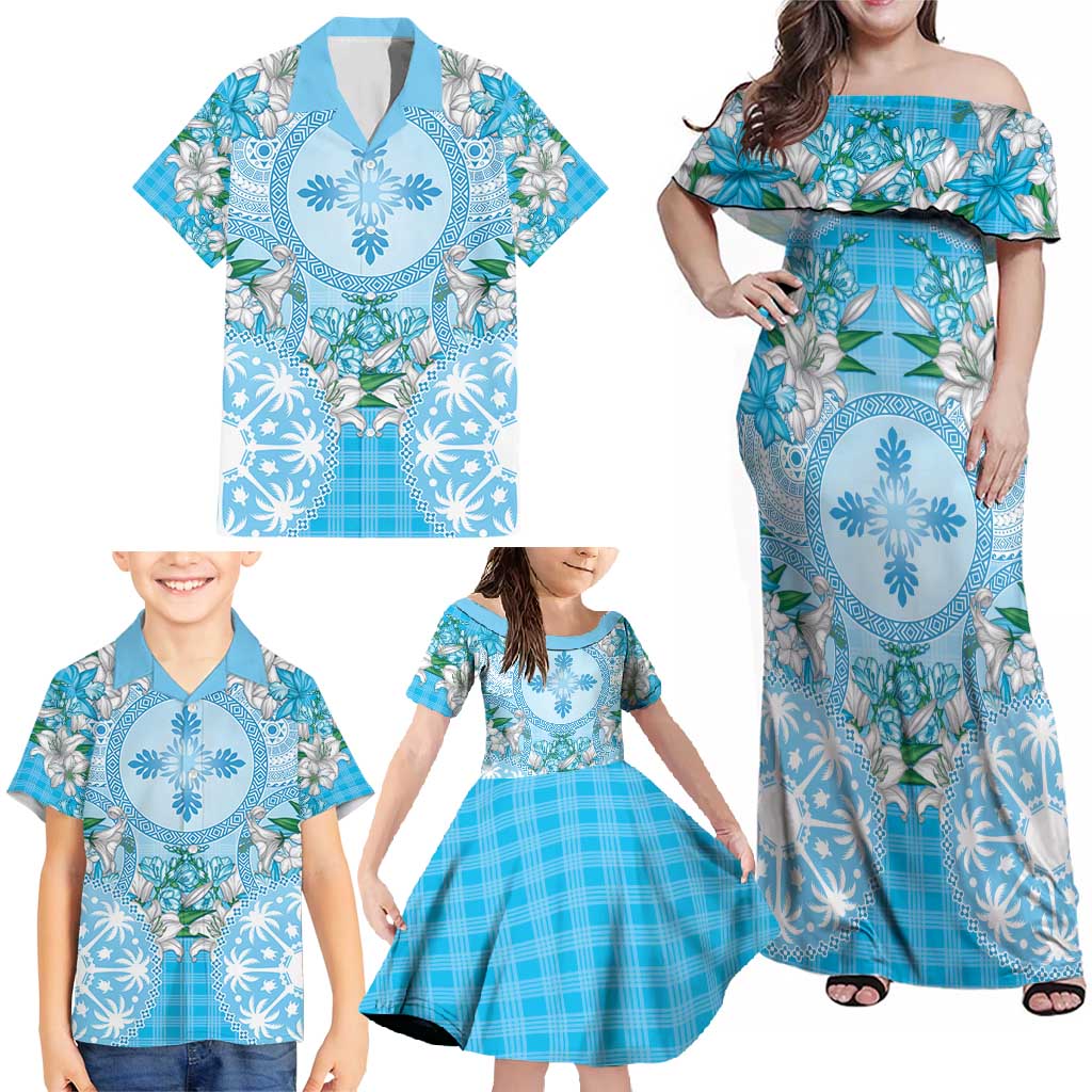 Hawaii Cyan Palaka Family Matching Off Shoulder Maxi Dress and Hawaiian Shirt With Tapa Pattern Tropical Flowers LT05 - Polynesian Pride