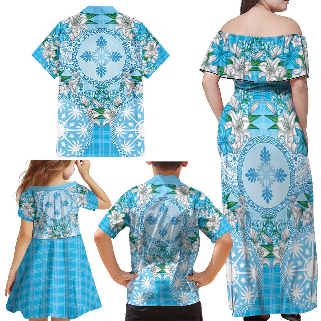 Hawaii Cyan Palaka Family Matching Off Shoulder Maxi Dress and Hawaiian Shirt With Tapa Pattern Tropical Flowers LT05 - Polynesian Pride