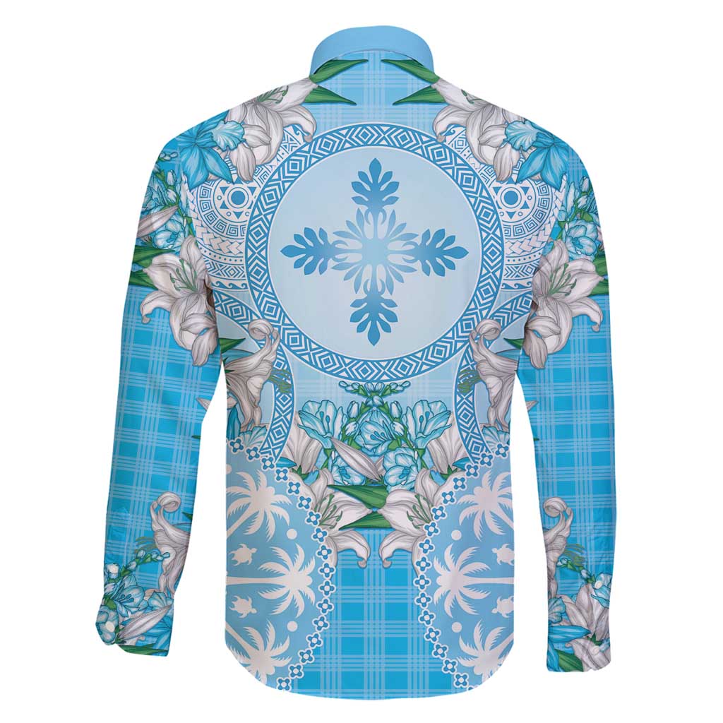 Hawaii Cyan Palaka Family Matching Off Shoulder Maxi Dress and Hawaiian Shirt With Tapa Pattern Tropical Flowers LT05 - Polynesian Pride