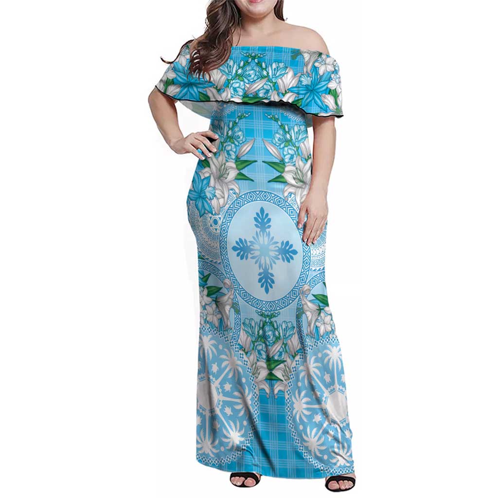 Hawaii Cyan Palaka Family Matching Off Shoulder Maxi Dress and Hawaiian Shirt With Tapa Pattern Tropical Flowers LT05 Mom's Dress Cyan - Polynesian Pride