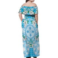 Hawaii Cyan Palaka Family Matching Off Shoulder Maxi Dress and Hawaiian Shirt With Tapa Pattern Tropical Flowers LT05 - Polynesian Pride