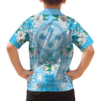 Hawaii Cyan Palaka Family Matching Off Shoulder Short Dress and Hawaiian Shirt With Tapa Pattern Tropical Flowers LT05 - Polynesian Pride