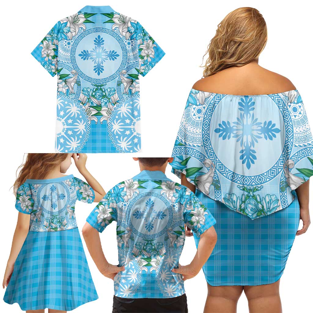 Hawaii Cyan Palaka Family Matching Off Shoulder Short Dress and Hawaiian Shirt With Tapa Pattern Tropical Flowers LT05 - Polynesian Pride
