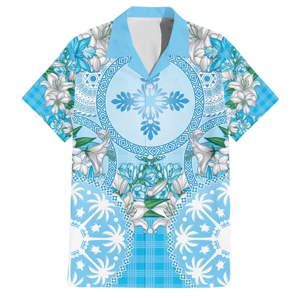 Hawaii Cyan Palaka Family Matching Off Shoulder Short Dress and Hawaiian Shirt With Tapa Pattern Tropical Flowers LT05 Dad's Shirt - Short Sleeve Cyan - Polynesian Pride