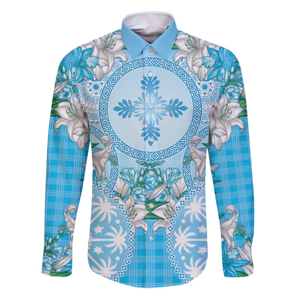 Hawaii Cyan Palaka Family Matching Off Shoulder Short Dress and Hawaiian Shirt With Tapa Pattern Tropical Flowers LT05 Dad's Shirt - Long Sleeve Cyan - Polynesian Pride