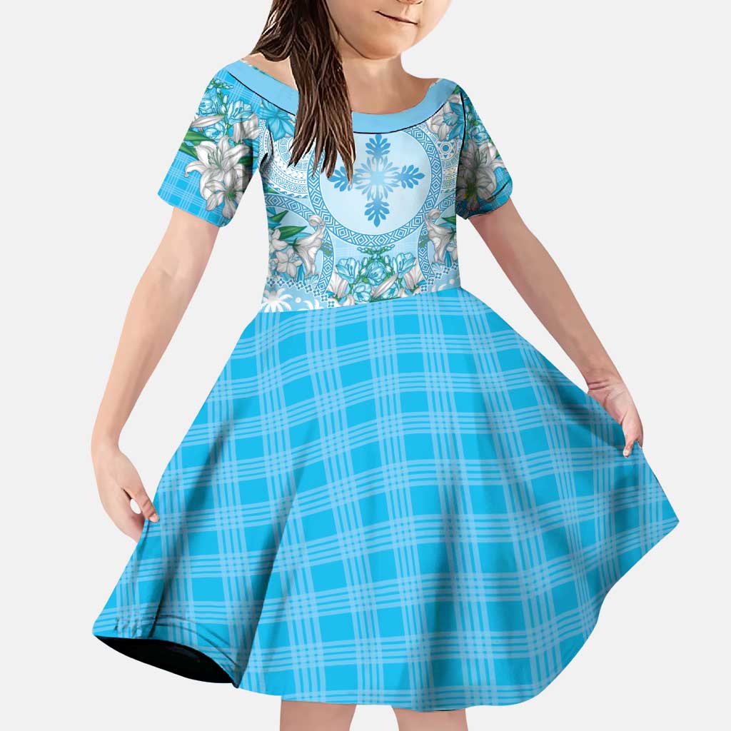 Hawaii Cyan Palaka Family Matching Puletasi and Hawaiian Shirt With Tapa Pattern Tropical Flowers LT05 Daughter's Dress Cyan - Polynesian Pride