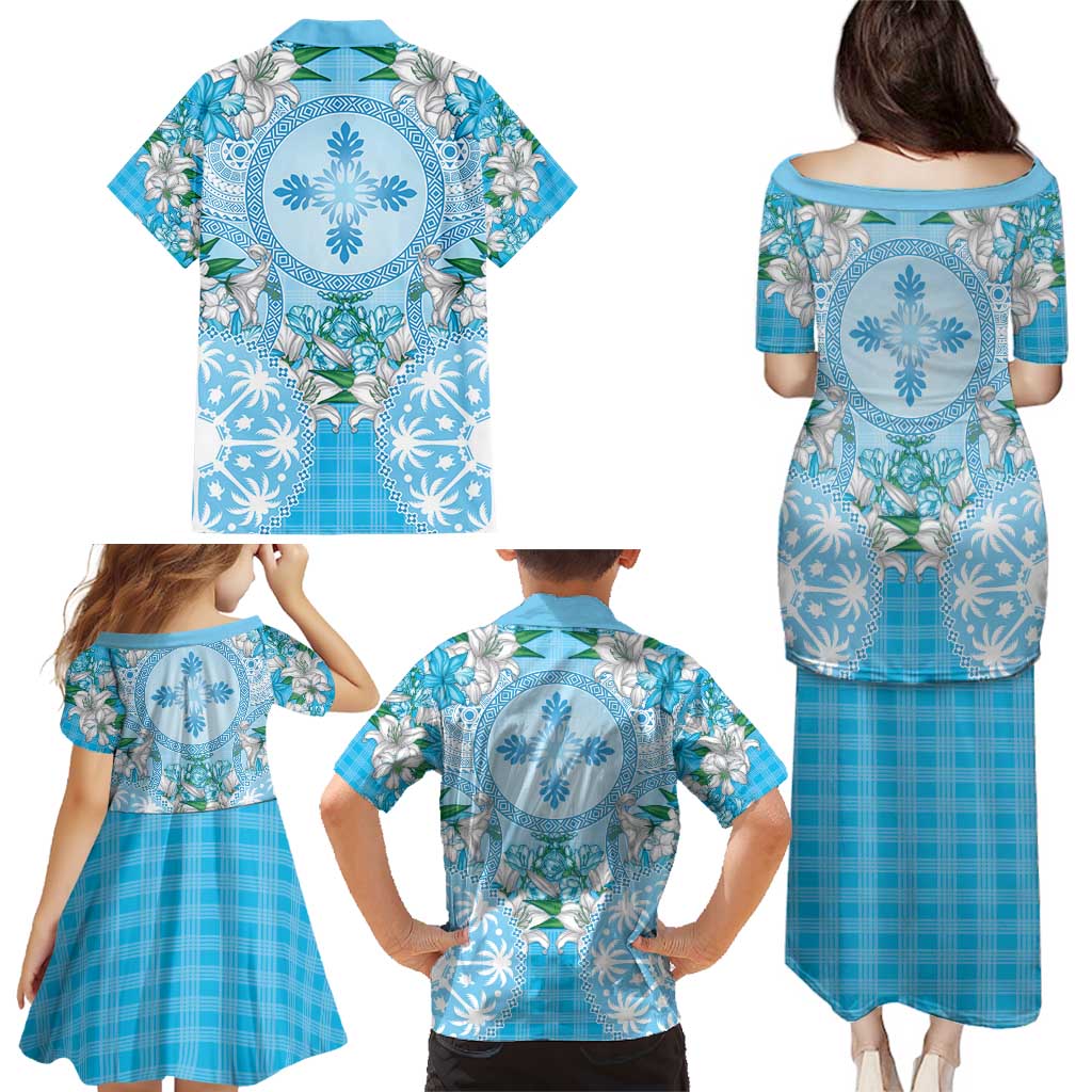 Hawaii Cyan Palaka Family Matching Puletasi and Hawaiian Shirt With Tapa Pattern Tropical Flowers LT05 - Polynesian Pride