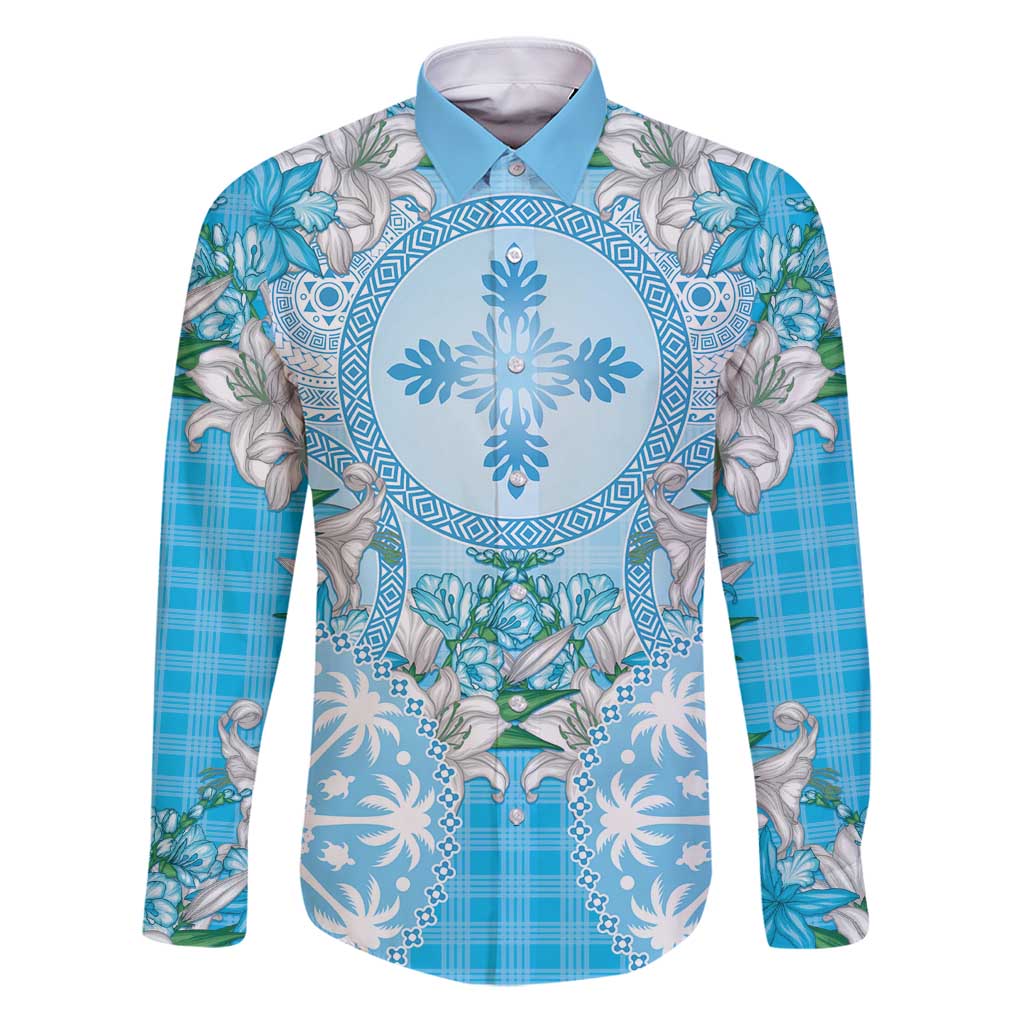 Hawaii Cyan Palaka Family Matching Puletasi and Hawaiian Shirt With Tapa Pattern Tropical Flowers LT05 Dad's Shirt - Long Sleeve Cyan - Polynesian Pride