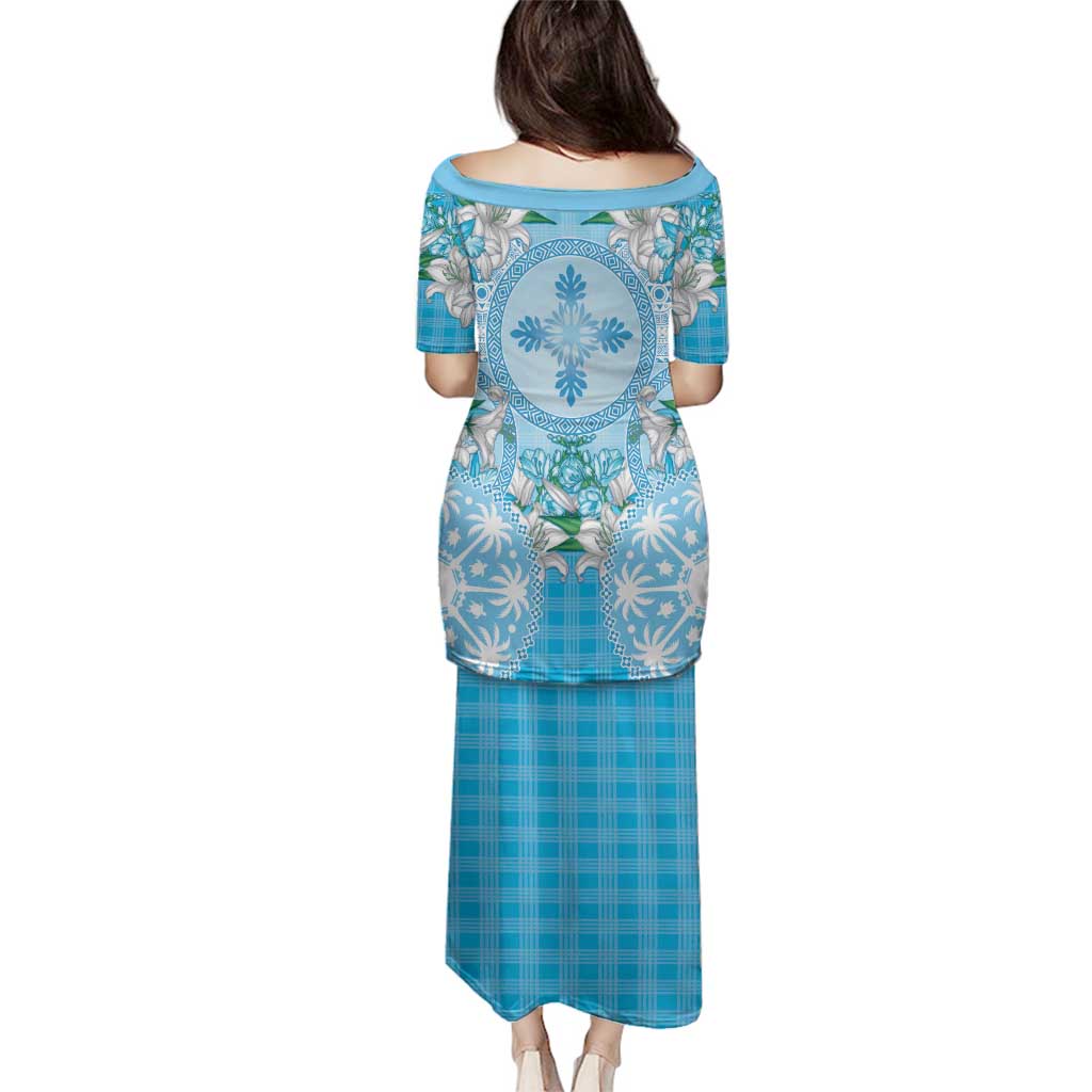 Hawaii Cyan Palaka Family Matching Puletasi and Hawaiian Shirt With Tapa Pattern Tropical Flowers LT05 - Polynesian Pride
