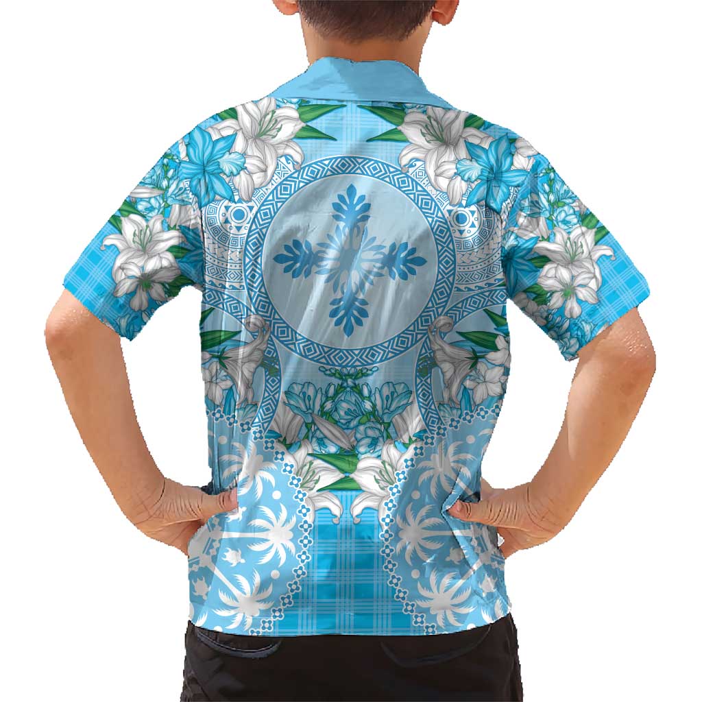 Hawaii Cyan Palaka Family Matching Short Sleeve Bodycon Dress and Hawaiian Shirt With Tapa Pattern Tropical Flowers LT05 - Polynesian Pride