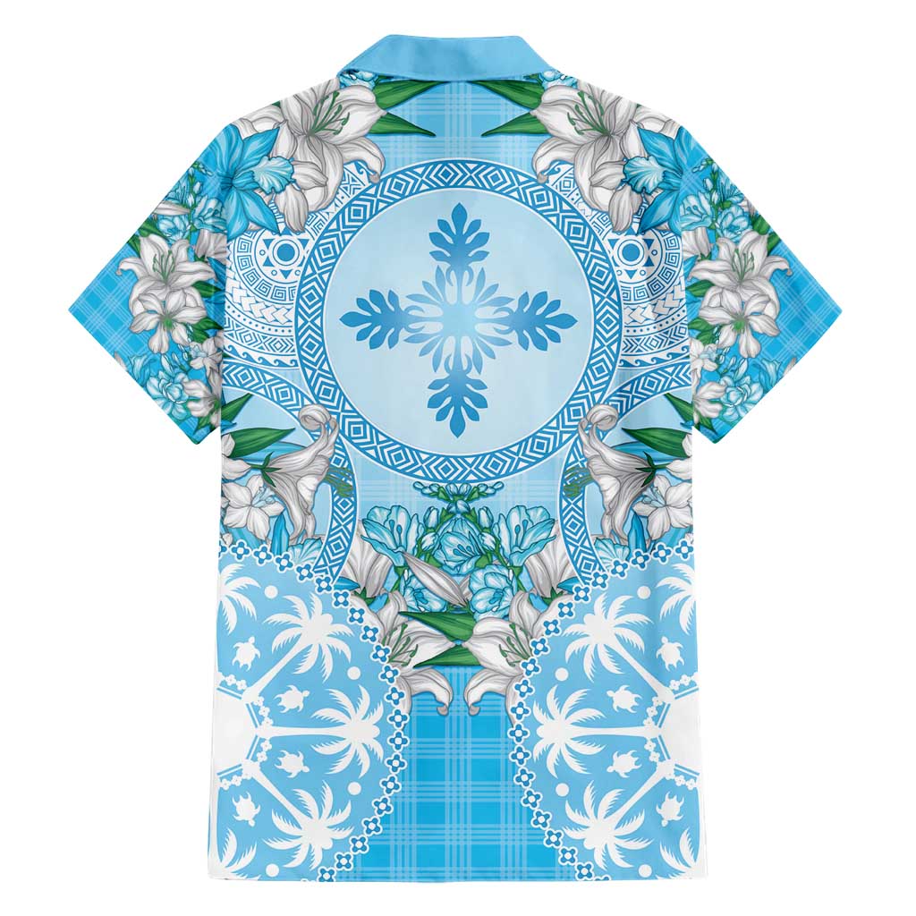 Hawaii Cyan Palaka Family Matching Short Sleeve Bodycon Dress and Hawaiian Shirt With Tapa Pattern Tropical Flowers LT05 - Polynesian Pride