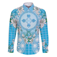 Hawaii Cyan Palaka Family Matching Short Sleeve Bodycon Dress and Hawaiian Shirt With Tapa Pattern Tropical Flowers LT05 Dad's Shirt - Long Sleeve Cyan - Polynesian Pride
