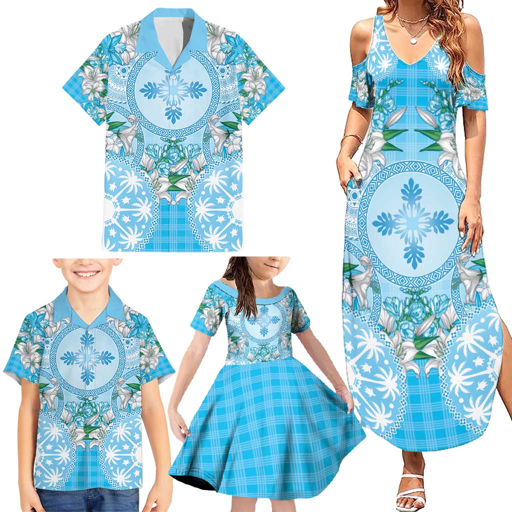 Hawaii Cyan Palaka Family Matching Summer Maxi Dress and Hawaiian Shirt With Tapa Pattern Tropical Flowers LT05 - Polynesian Pride