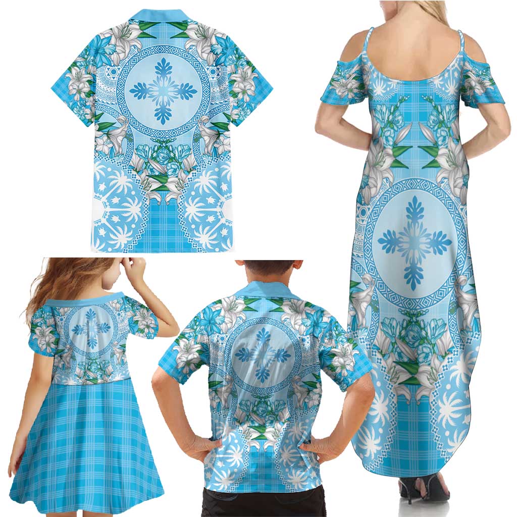 Hawaii Cyan Palaka Family Matching Summer Maxi Dress and Hawaiian Shirt With Tapa Pattern Tropical Flowers LT05 - Polynesian Pride