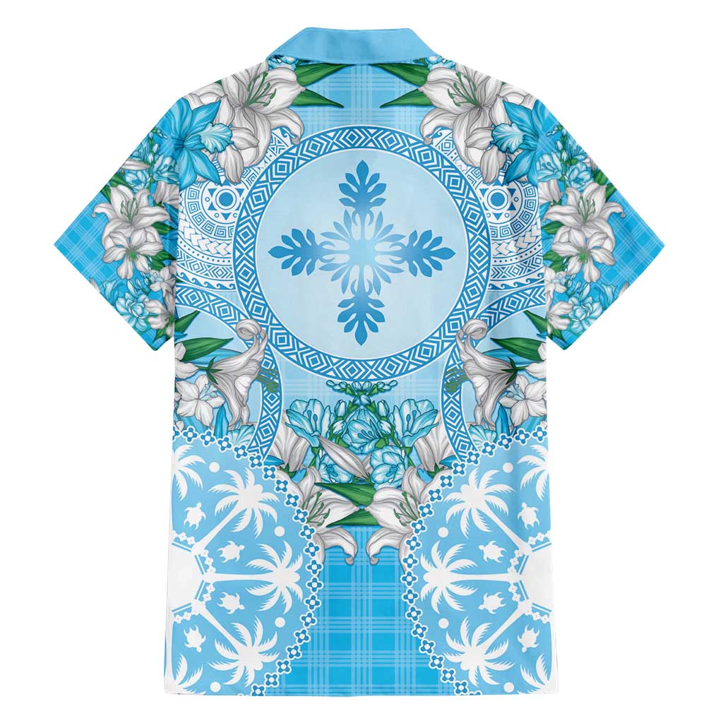 Hawaii Cyan Palaka Family Matching Summer Maxi Dress and Hawaiian Shirt With Tapa Pattern Tropical Flowers LT05 - Polynesian Pride