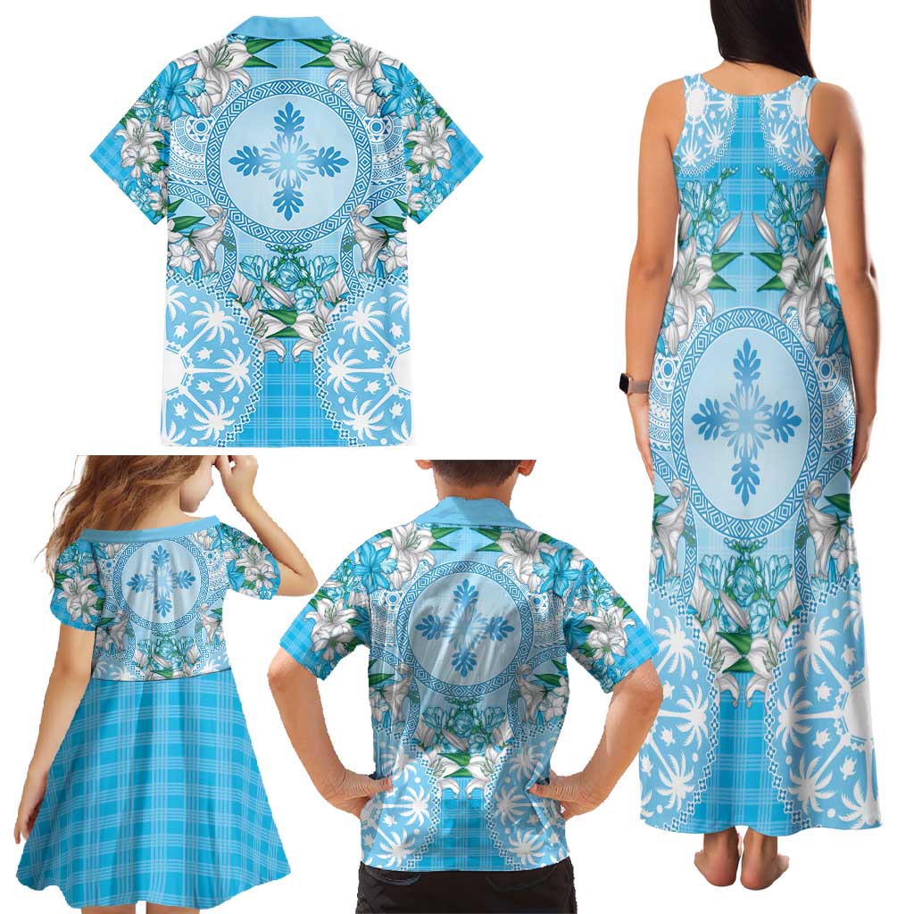 Hawaii Cyan Palaka Family Matching Tank Maxi Dress and Hawaiian Shirt With Tapa Pattern Tropical Flowers LT05 - Polynesian Pride