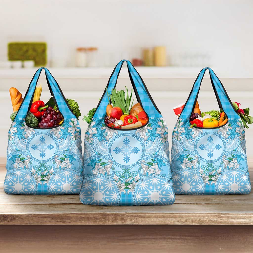 Hawaii Cyan Palaka Grocery Bag With Tapa Pattern Tropical Flowers LT05 3-pack One Size Cyan - Polynesian Pride