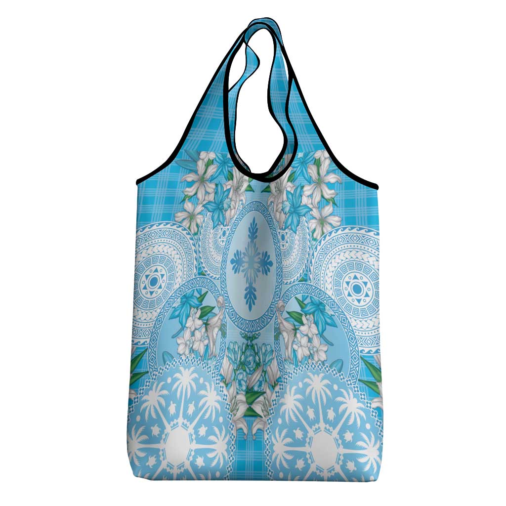 Hawaii Cyan Palaka Grocery Bag With Tapa Pattern Tropical Flowers LT05 - Polynesian Pride