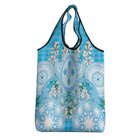 Hawaii Cyan Palaka Grocery Bag With Tapa Pattern Tropical Flowers LT05 - Polynesian Pride