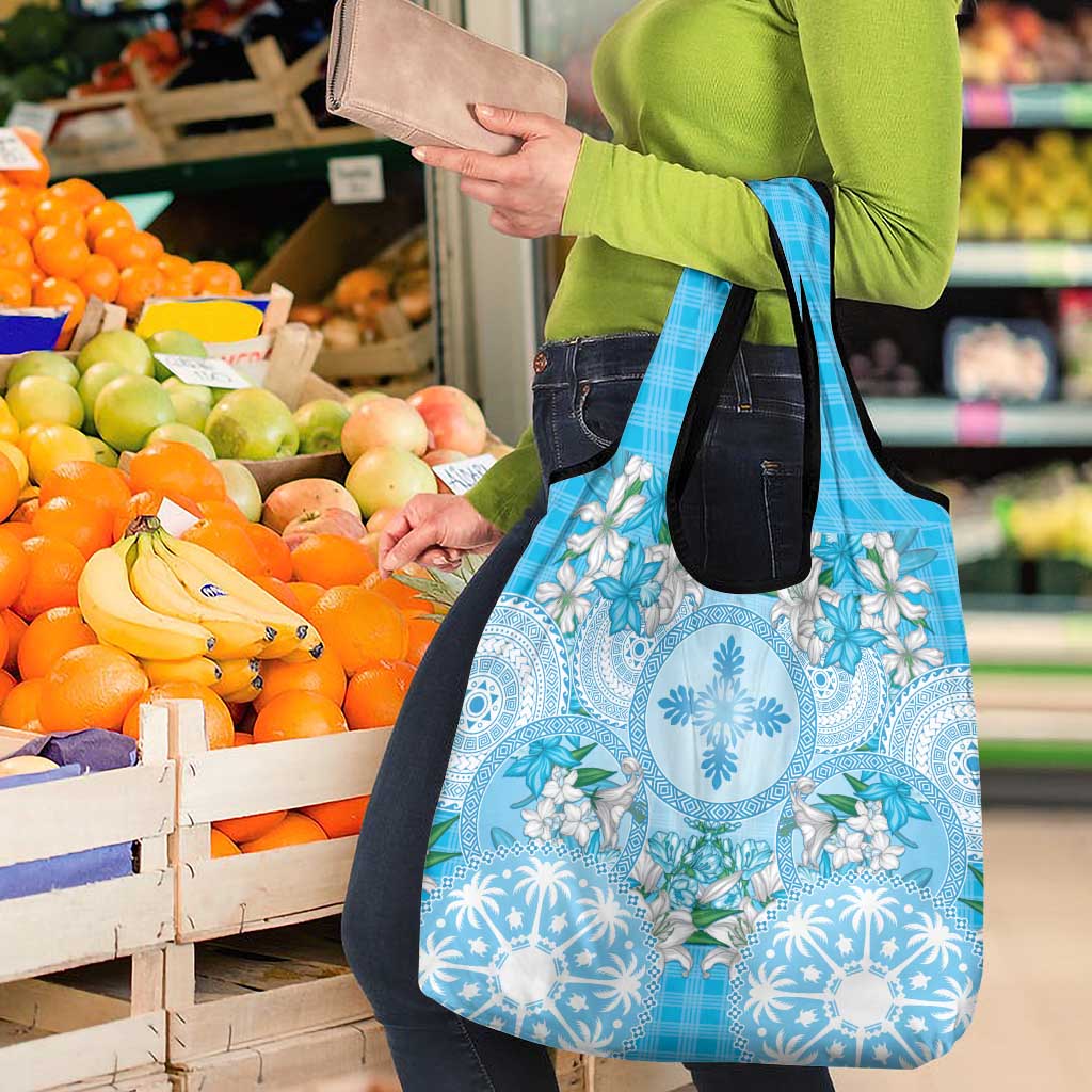 Hawaii Cyan Palaka Grocery Bag With Tapa Pattern Tropical Flowers LT05 - Polynesian Pride