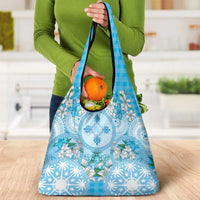 Hawaii Cyan Palaka Grocery Bag With Tapa Pattern Tropical Flowers LT05 - Polynesian Pride