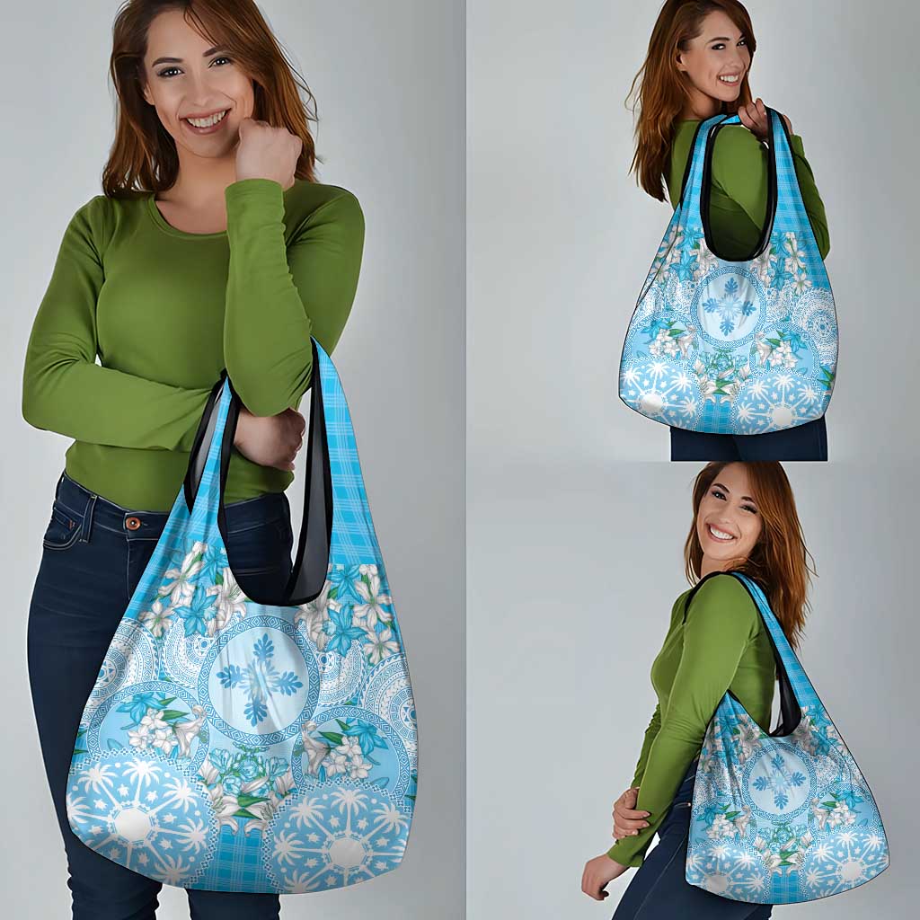 Hawaii Cyan Palaka Grocery Bag With Tapa Pattern Tropical Flowers LT05 - Polynesian Pride