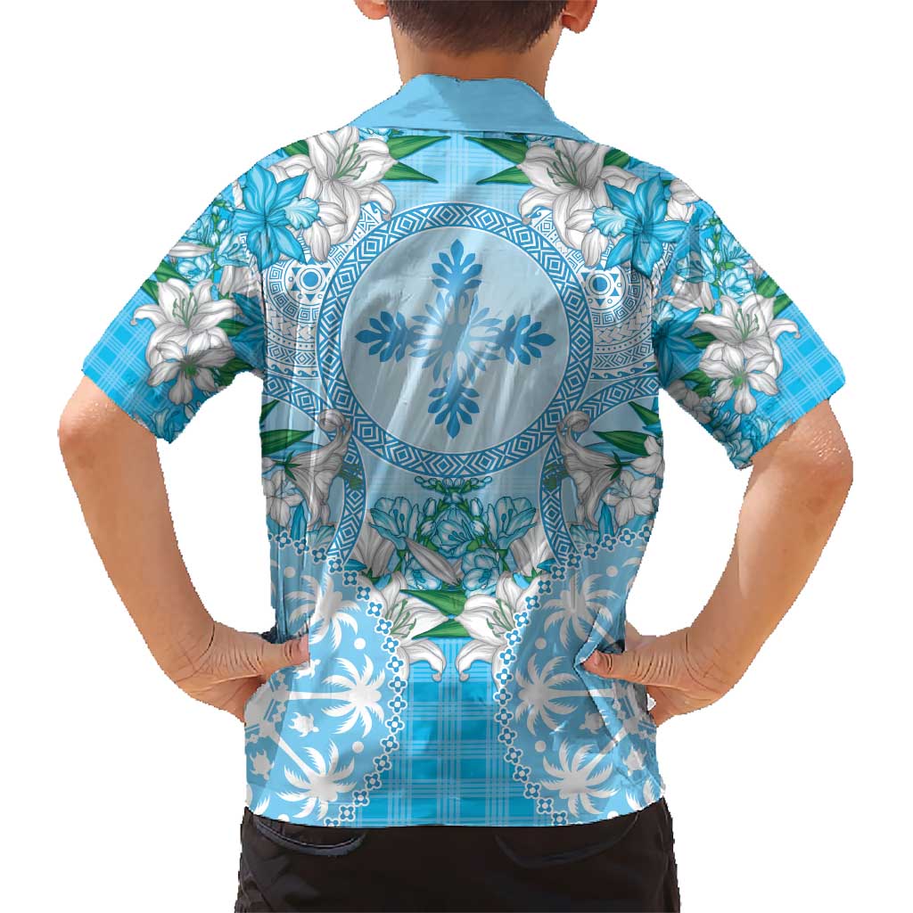 Hawaii Cyan Palaka Hawaiian Shirt With Tapa Pattern Tropical Flowers - Polynesian Pride