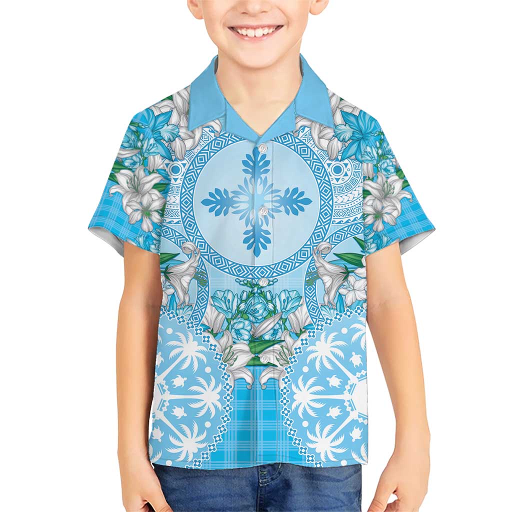 Hawaii Cyan Palaka Kid Hawaiian Shirt With Tapa Pattern Tropical Flowers LT05 Kid Cyan - Polynesian Pride