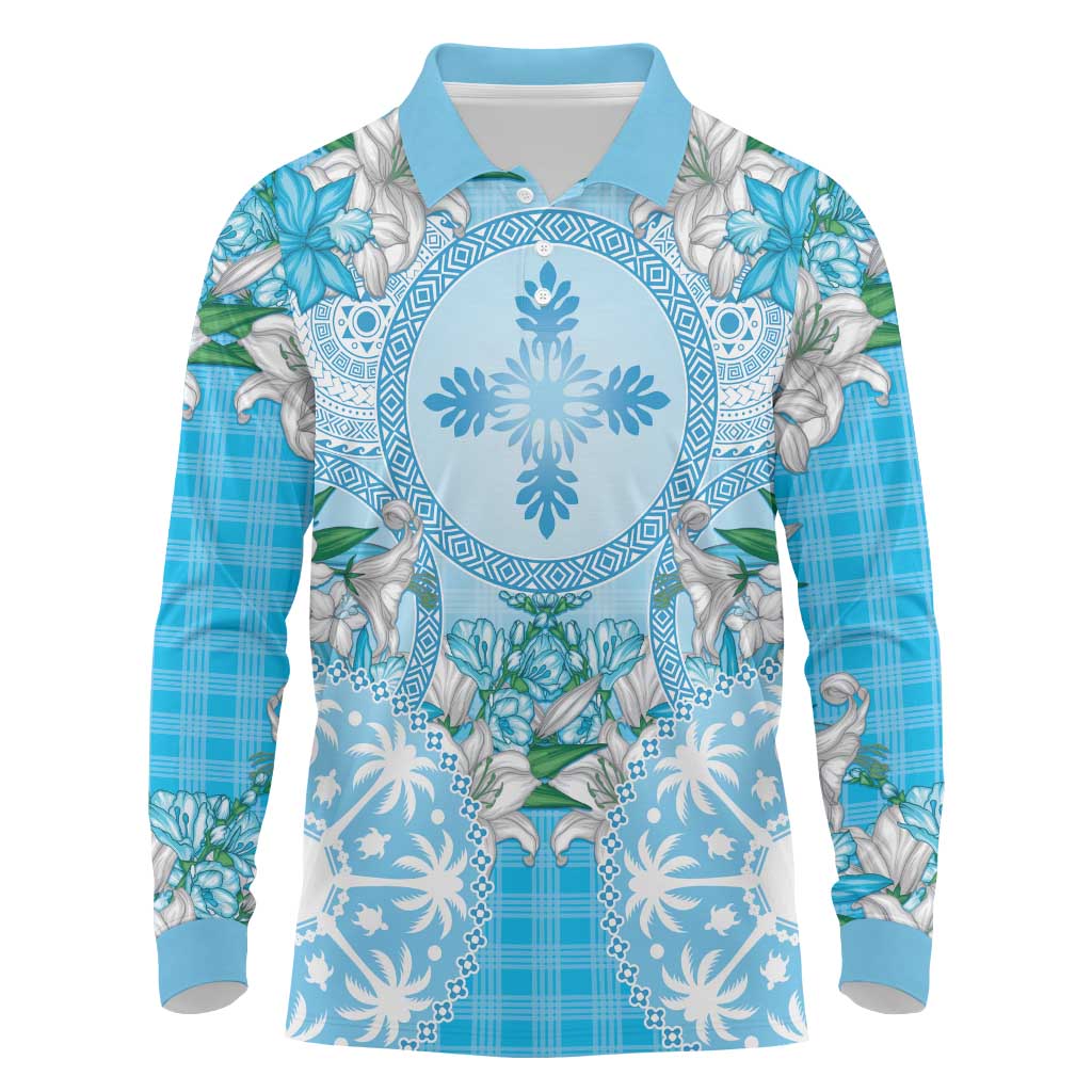 Hawaii Cyan Palaka Long Sleeve Polo Shirt With Tapa Pattern Tropical Flowers LT05 Cyan - Polynesian Pride