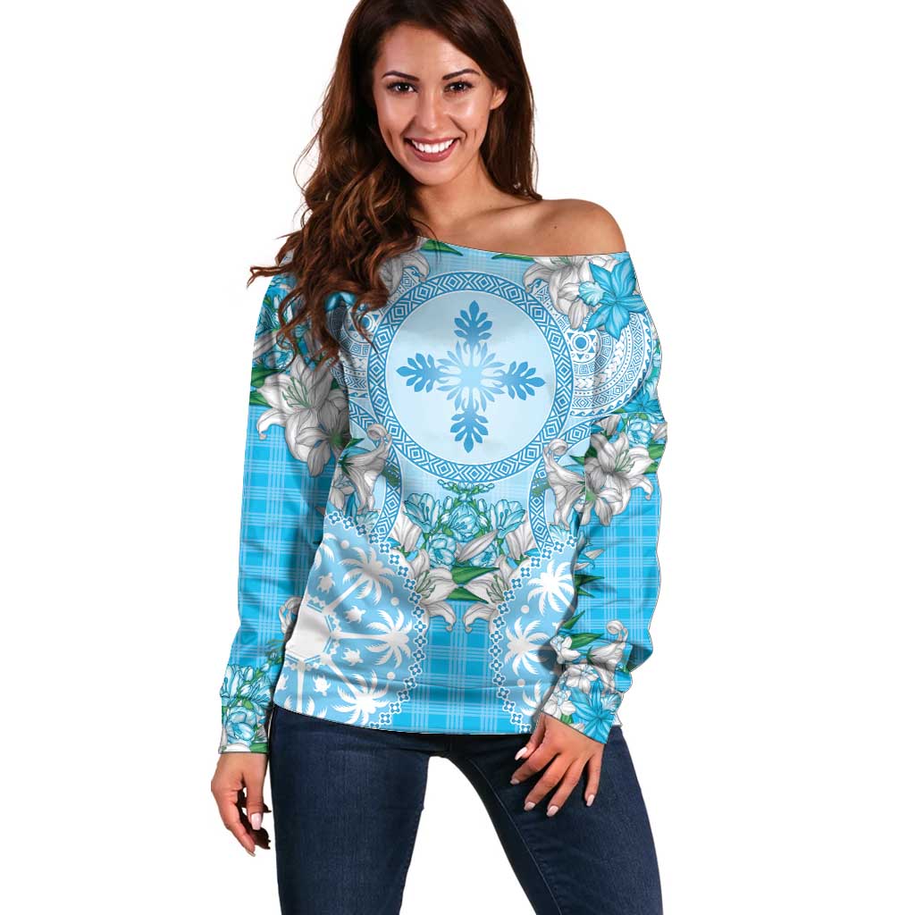 Hawaii Cyan Palaka Off Shoulder Sweater With Tapa Pattern Tropical Flowers LT05 Women Cyan - Polynesian Pride
