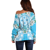 Hawaii Cyan Palaka Off Shoulder Sweater With Tapa Pattern Tropical Flowers LT05 - Polynesian Pride
